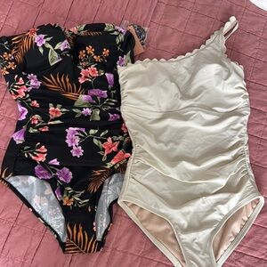 Girls' Black Floral One-Piece Swimsuit and Cream One-Piece Swimsuit Set